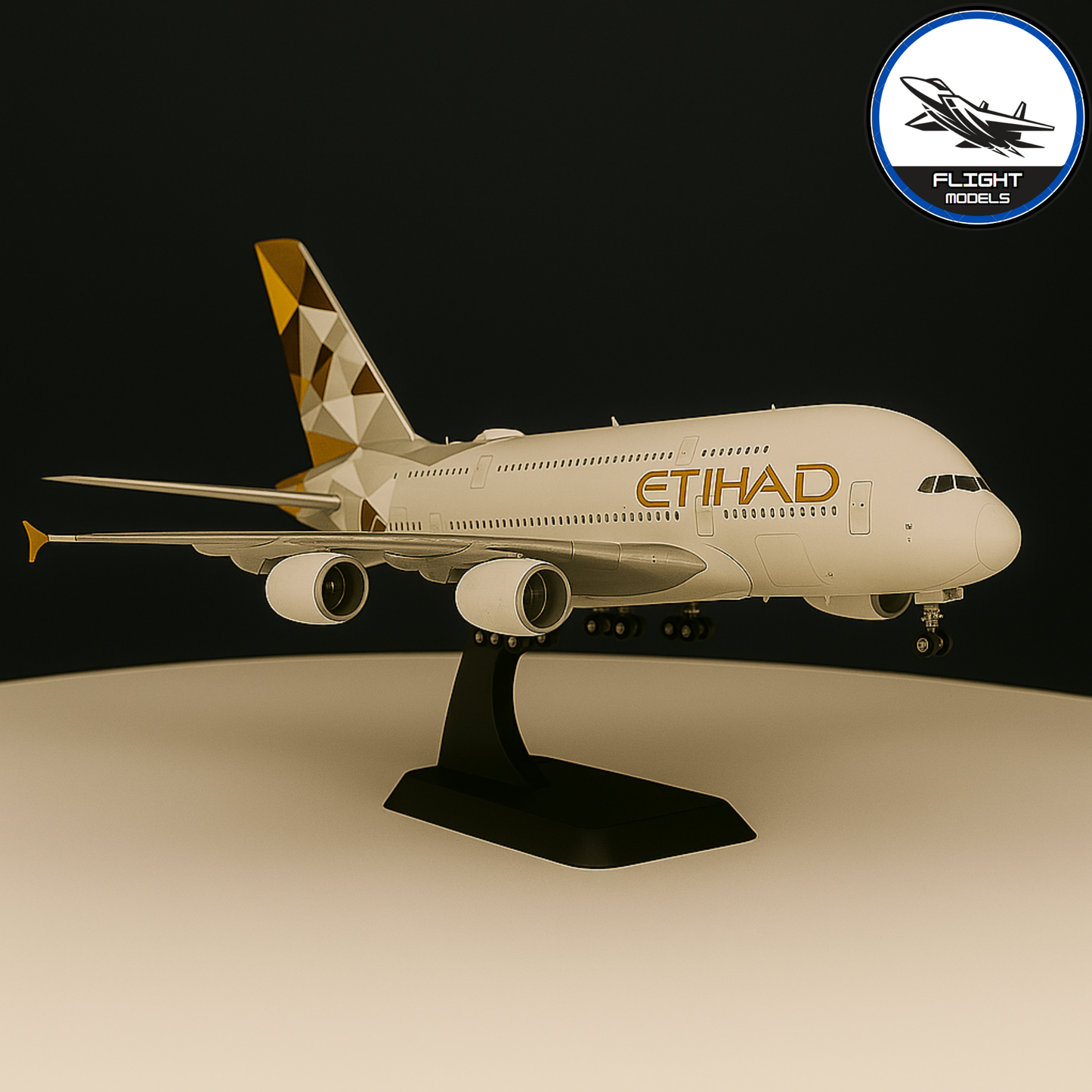 Etihad Airways Airbus A380 diecast aircraft model on stand