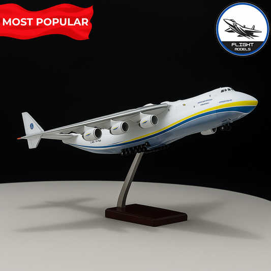 Antonov AN-225 Mriya presented on a stand with a most popular sign