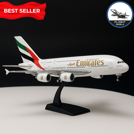 A380 Emirates presented on a stand with a best seller sign
