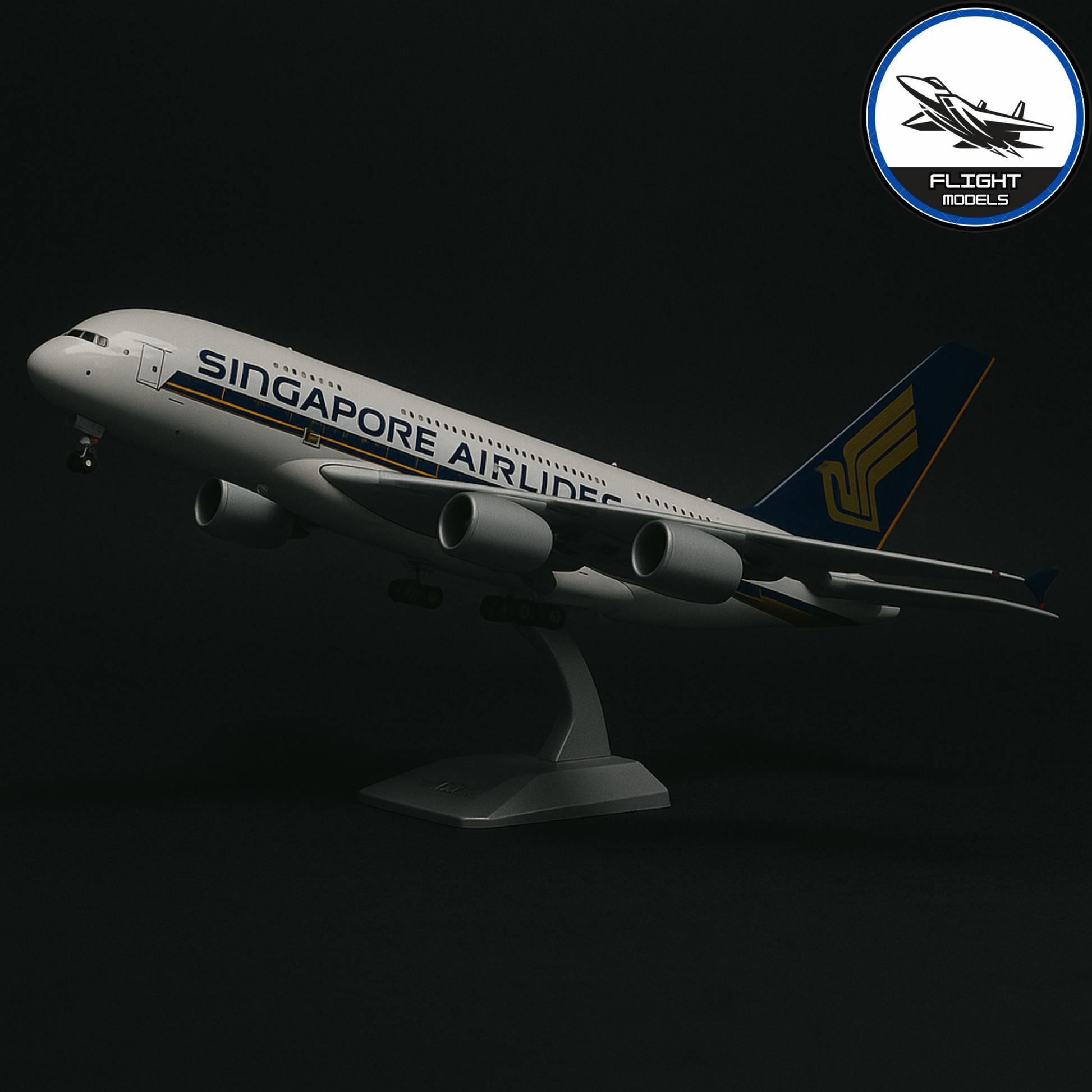 Front facing view of Singapore Airlines Airbus A380 diecast aircraft model on stand