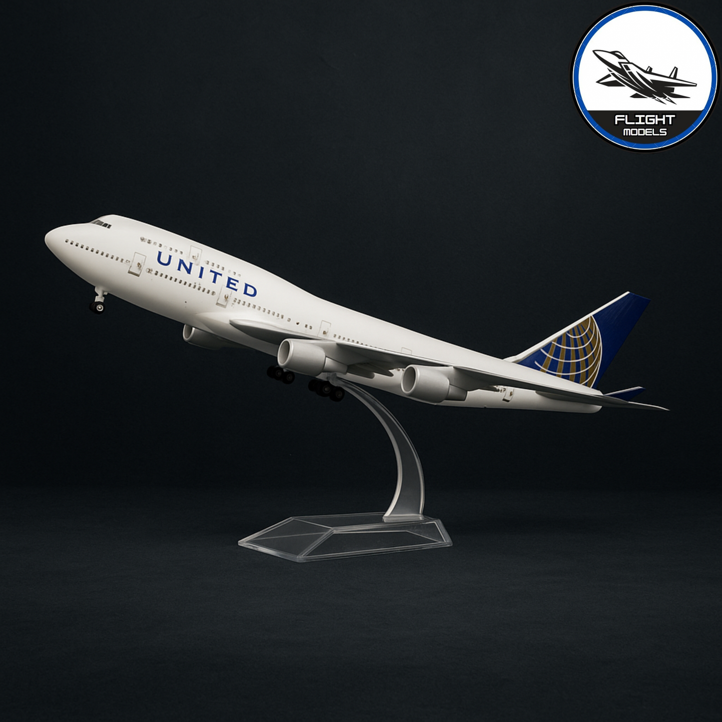 Angled view of United Airlines Boeing 747 diecast aircraft model on stand