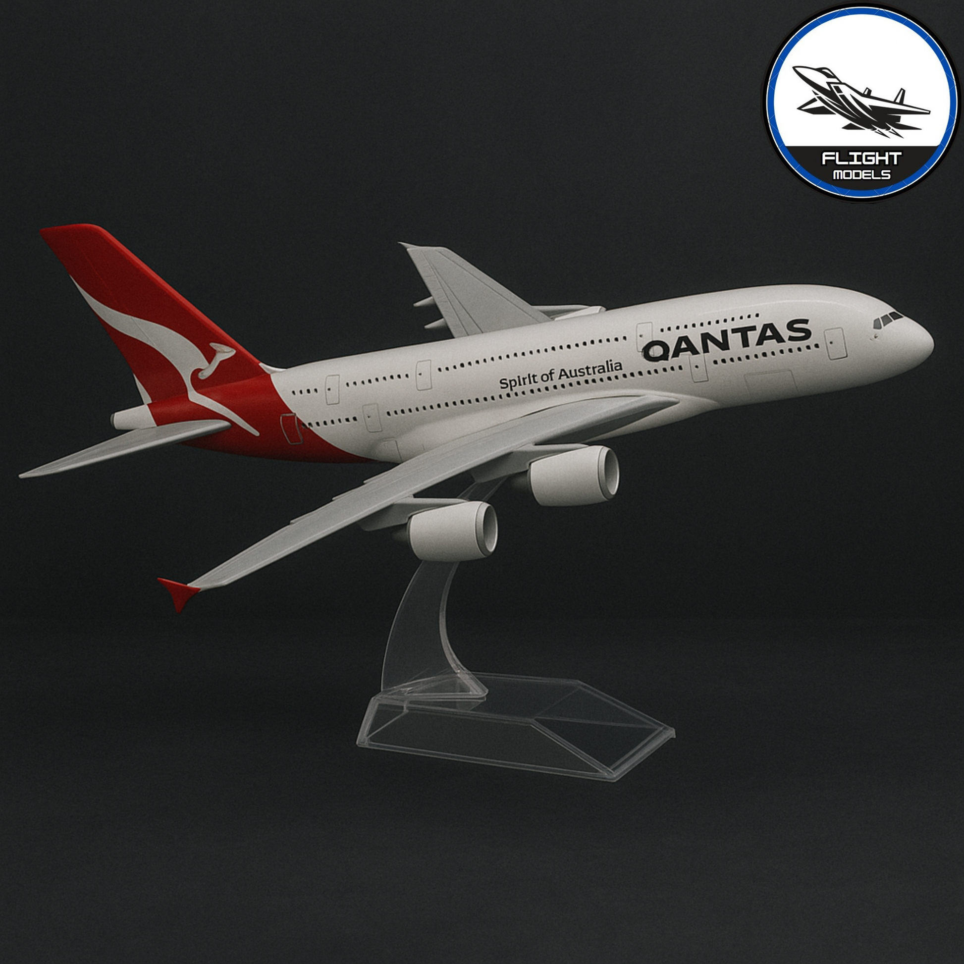 Side view of Qantas Airbus A380 diecast aircraft model on stand