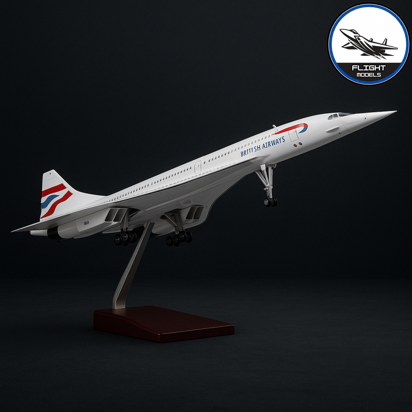 Side view of British Airways Concorde diecast aircraft model on stand