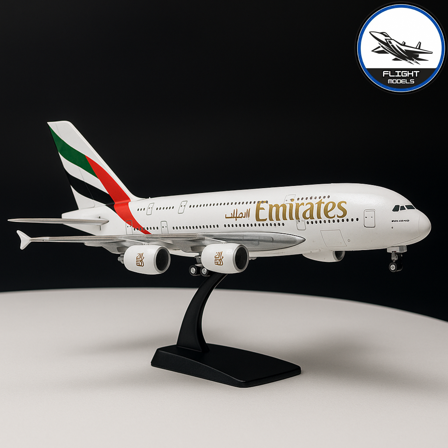 Emirates Airbus A380 diecast aircraft model on stand