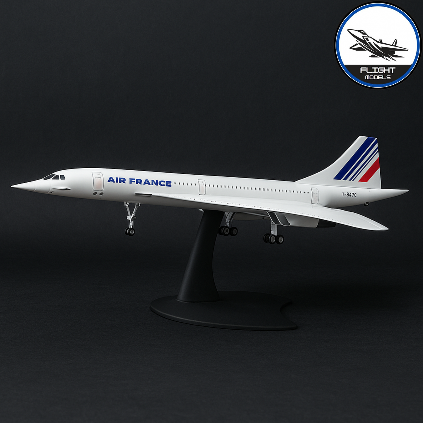 Angled view of Air France Concorde diecast aircraft model on stand